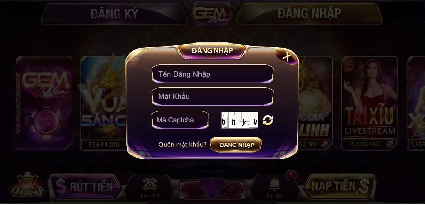 giao diện đăng nhập gem win